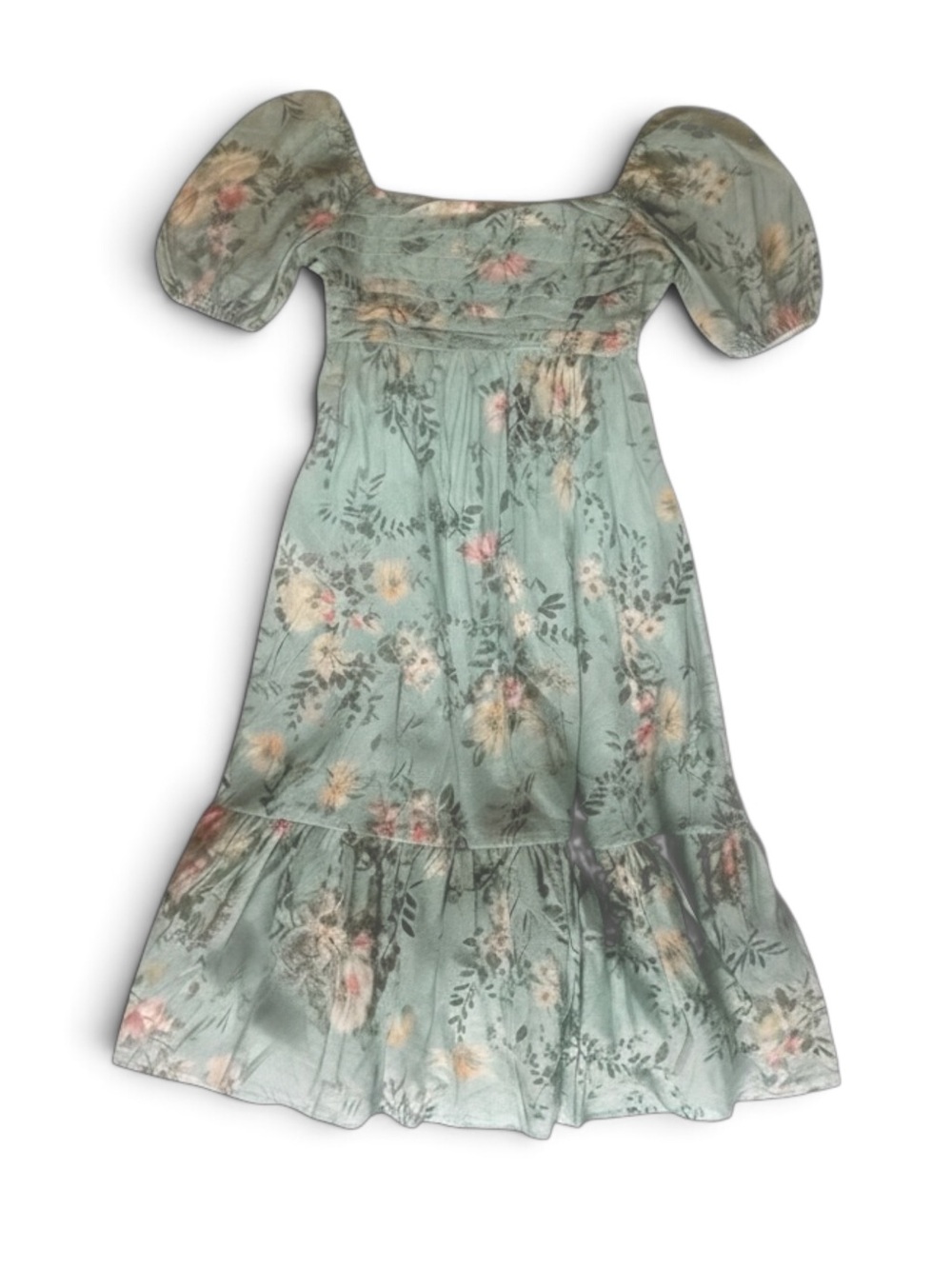 By The River Sage Floral Puff Sleeve Ruched Midi Dress Size S (Fits M/L Too!)